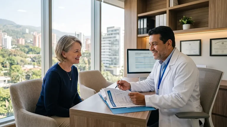 Consultation room at Skyron clinic explaining stem cell therapy cost and safety protocols in Colombia