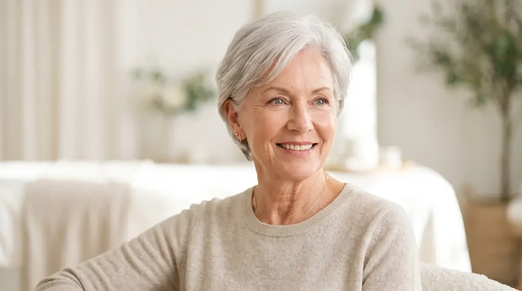 Healthy senior woman representing umbilical cord stem cell therapy for anti aging and longevity